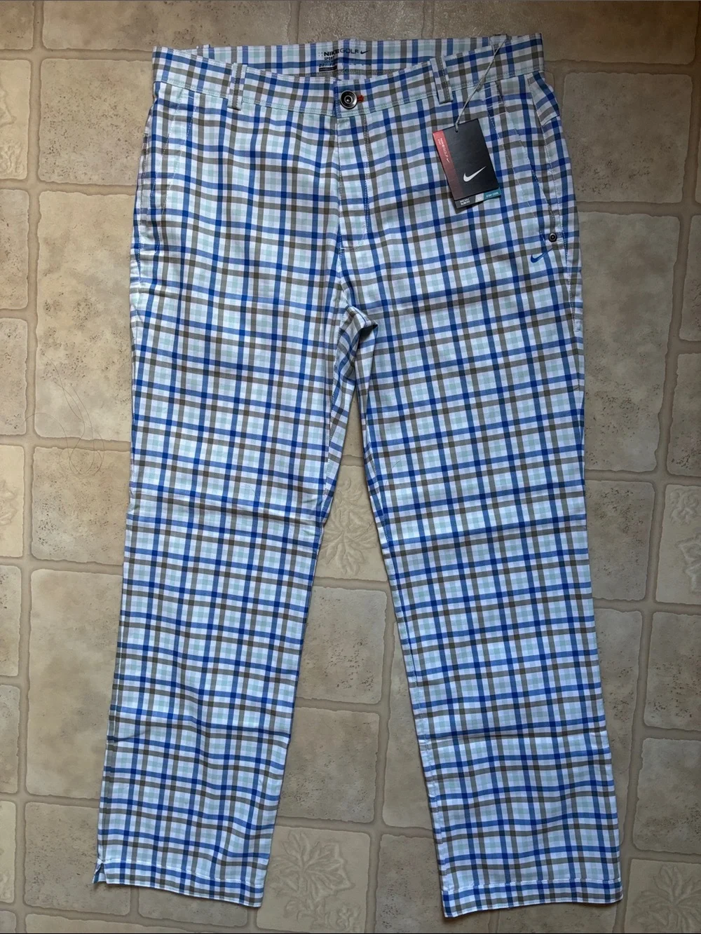 NWT Nike Golf Sport Blue White Plaid Performance Dri-Fit Mens 34x30 Pants